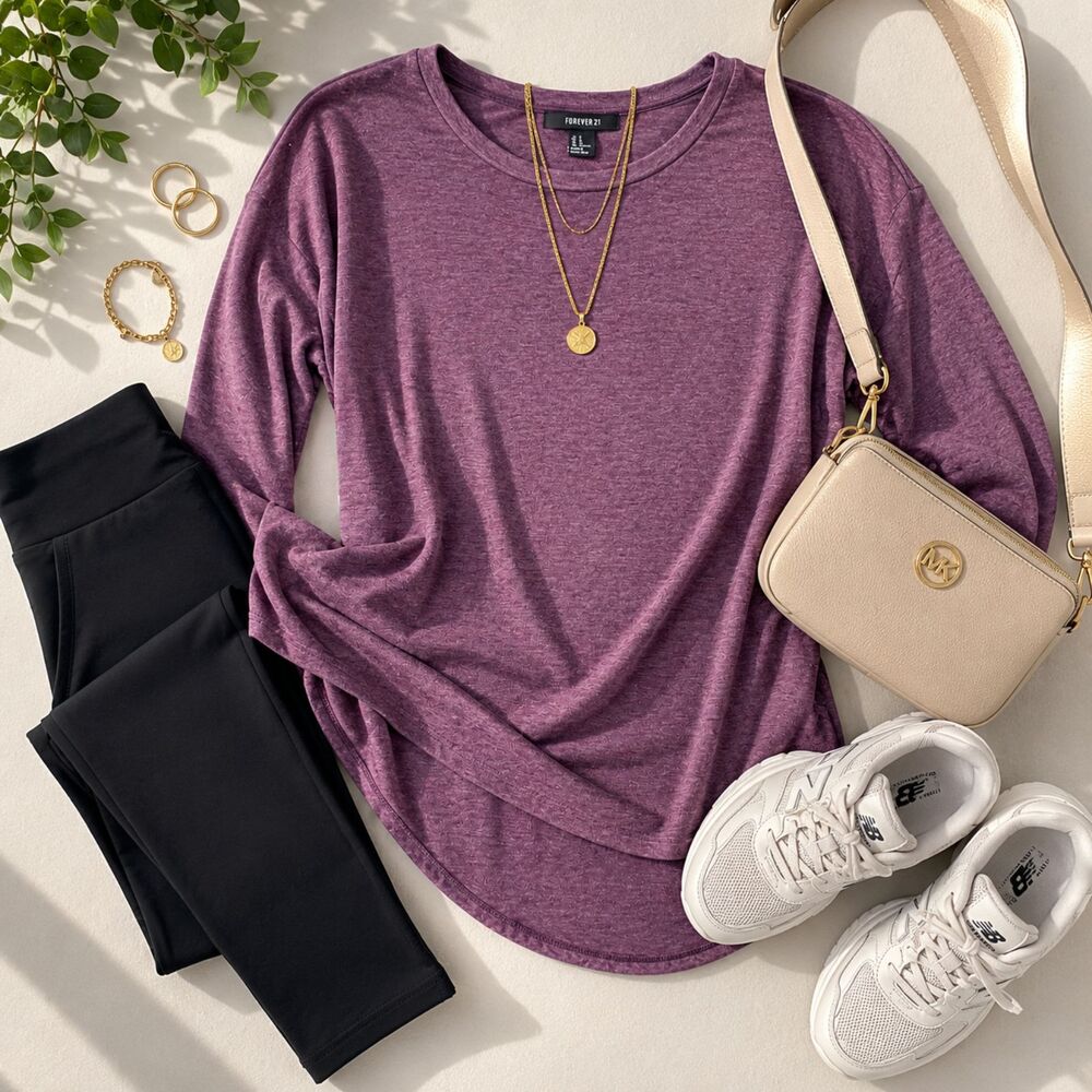 Forever 21 Heathered Plum Tunic Top Medium Long Sleeve High Low Hem Casual